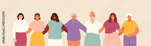 Hugging group of women of different nationalities and ages. Female support and solidarity, feminism. March 8. Vector banner illustration