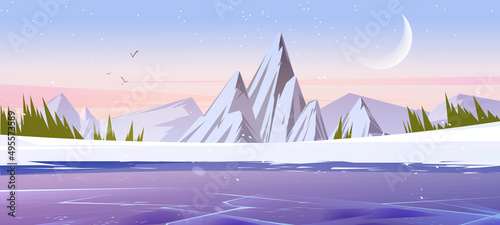 Winter mountains landscape, nature background with scenery rocks and frozen pond under falling snowflakes. Resort, wild park or garden with white ice peaks under pink sky, Cartoon vector illustration