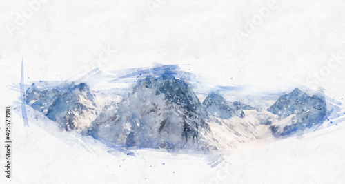 Watercolor painting illustration of high mountains covered with snow 