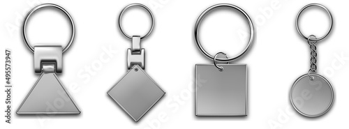 Metal keyring in other shapes, leather keychain, holder trinket for key with metal ring. Silver colored accessories. Realistic template metal keychain set. Blank accessory for corporate identity.