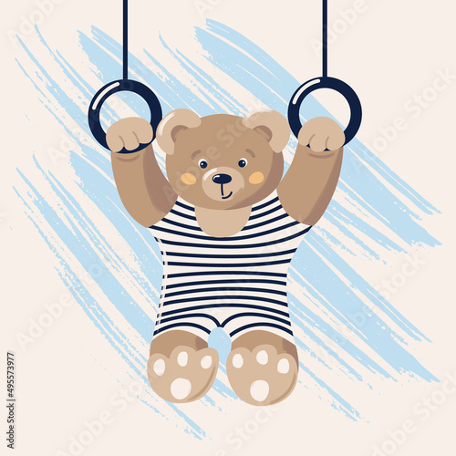 Cute bear is doing gymnastics on the rings