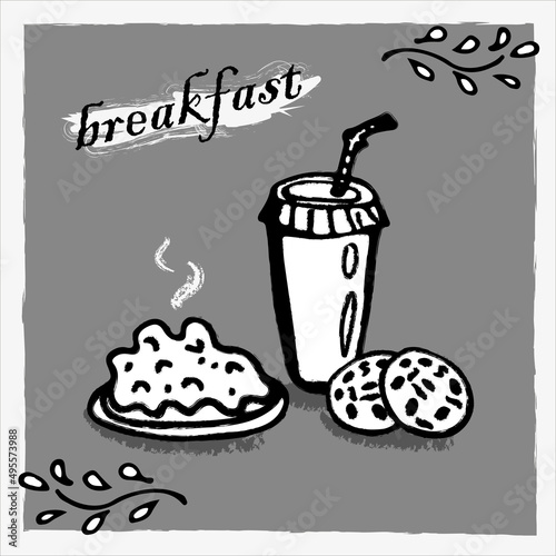 food banner menu, breakfast in grayscale colors, chalk drawing style