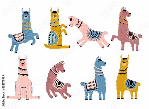 Set of cute white llama animal in different postures.