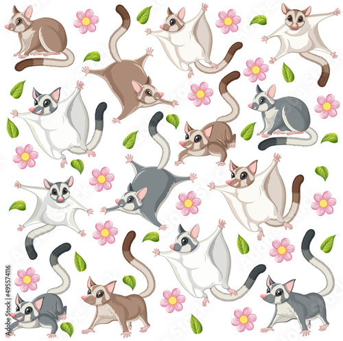 Seamless pattern with cute sugar gliders