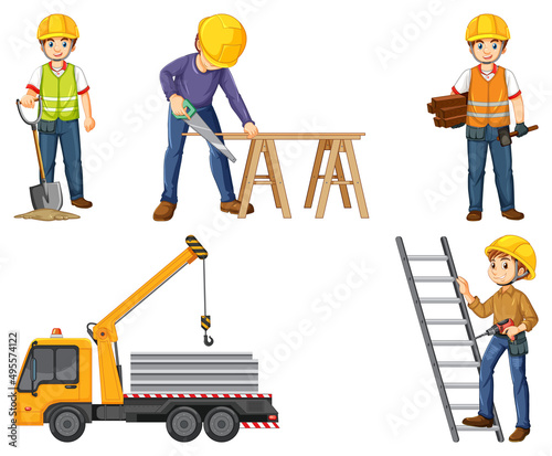 Construction worker set with people and tools