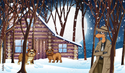 Set of different domestic animals with snow in forest