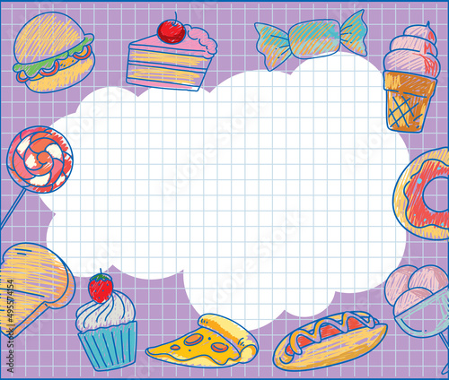Dessert hand drawn coloured crayon background template