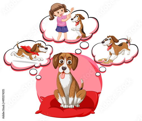 A dog thinking with many callouts