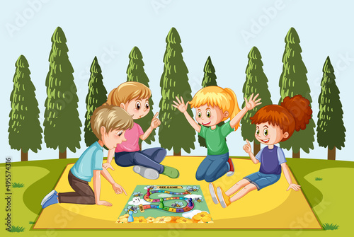 A natural scene landscape with children playing boardgame