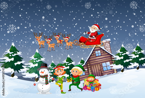 Snowy night scene with Christmas cartoon characters