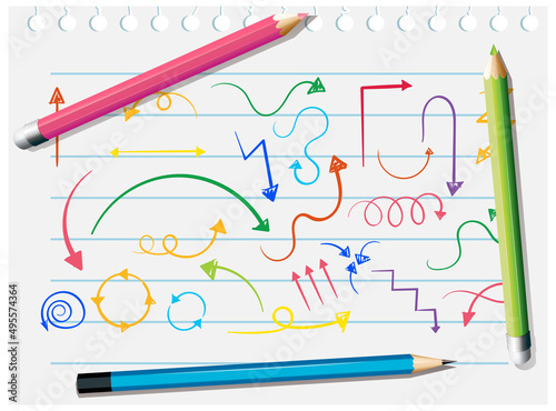 Hand drawn arrow doodles on paper with colour pencils