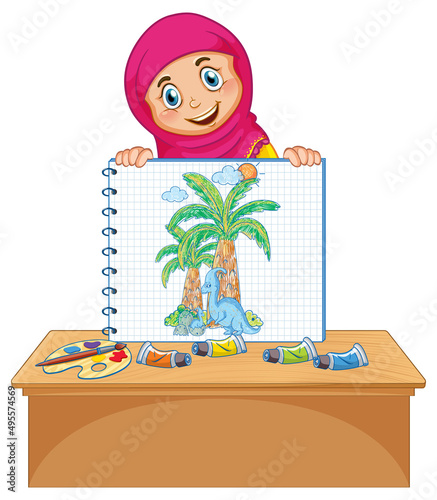 A girl holding notebook with a doodle sketch design on white background