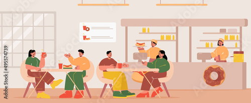 Fast food restaurant with hot dog and cups on tables, sitting people, waitress with tray and cashiers at counter. Vector flat illustration of cafe interior with men and women eat and talk