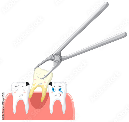 Cartoon teeth extraction on white background