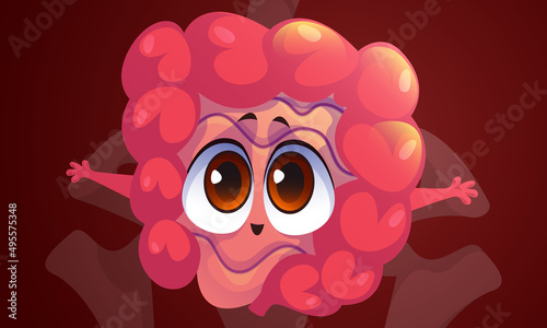 Cute character of intestine, bowel, human internal organ of digestive system. Vector cartoon medical illustration of funny gut inside abdominal part of body anatomy