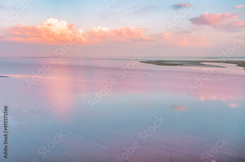 Amazing aerial view of the pink lake at sunset, beautiful landscape, juicy multi-colored colors © Volodymyr