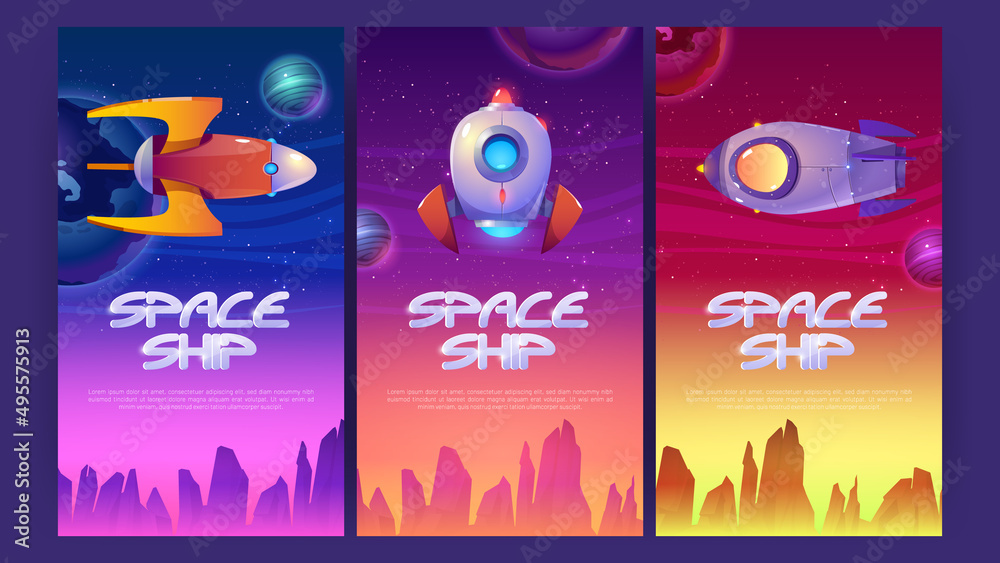 Fototapeta premium Spaceship posters with rockets flying above alien planet surface. Vector banners of spacecrafts with cartoon illustration of galaxy background with stars, planets and shuttles