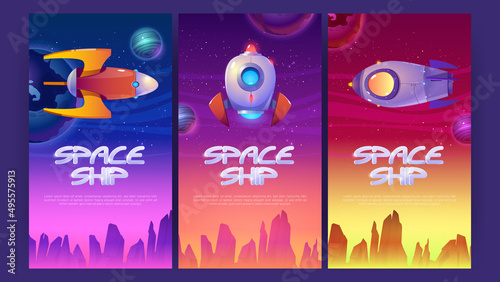 Spaceship posters with rockets flying above alien planet surface. Vector banners of spacecrafts with cartoon illustration of galaxy background with stars  planets and shuttles