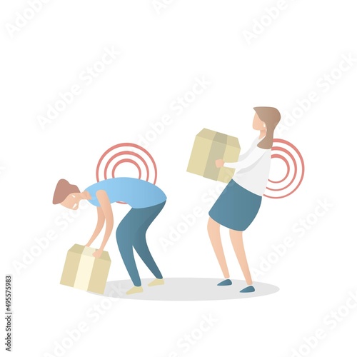 Back pain and lumbar after heavy wrong lifting heavy objects,male and female staff lift and move carry box danger with back and problem muscle,Vector illustration.