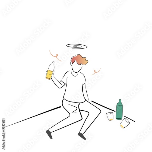 Man drunk fall to the ground,feeling confused, dizzy and head ache,alcohol bottle in his Hands,hangover,Drunkenness,Outline vector illustration.