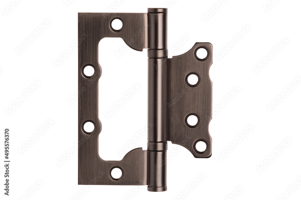 Door hinges made of metal on a white isolated background. Hinges for doors of a room, apartment, office, warehouse and other premises. Fastening for doors on the frame and on the wall. Door hinges made of metal on a white isolated background. Hinges for doors of a room, apartment, office, warehouse and other premises. Fastening for doors on the frame and on the wall.