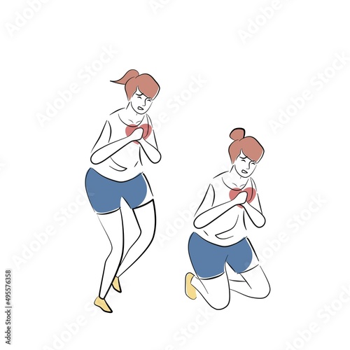 Young female person signs problem of heart attack from running exercise,Her feel chest pain and was short of breath fall on the ground,Healthcare,Vector outline illustration.