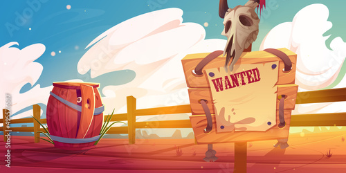 Cartoon western scene with wanted sign and wooden barrel with eye inside at wild west desert landscape with ranch or farm fence. Board with animal skull, and hidden character, Vector illustration