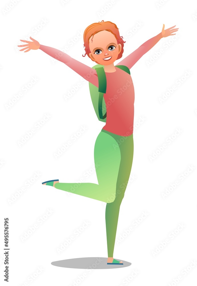 Little girl tourist backpacker. Teen with backpack on his back. Cheerful person. Standing pose. Cartoon comic style flat design. Single character. Illustration isolated on white background. Vector Little girl tourist backpacker. Teen with backpack on his back. Cheerful person. Standing pose. Cartoon comic style flat design. Single character. Illustration isolated on white background. Vector