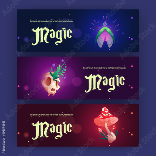 Cartoon magic banners with witch or wizard esoteric items pinned fly, animal skull with plant and fly agaric mushroom. Background for game interface, sorcerer and mage education, Vector illustration