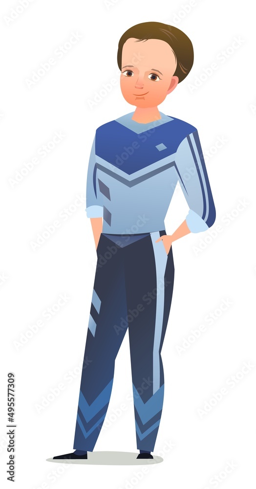 Little boy in tracksuit. Guy got ready for sports activities. Cheerful person. Standing pose. Cartoon comic style flat design. Single character. Illustration isolated on white background. Vector Little boy in tracksuit. Guy got ready for sports activities. Cheerful person. Standing pose. Cartoon comic style flat design. Single character. Illustration isolated on white background. Vector