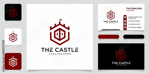 Vector illustration of castle logo design emblem, palace, fortress and business card design template