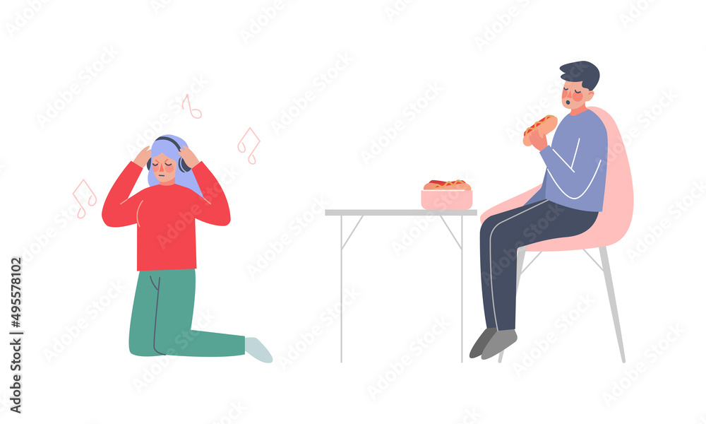 Boys listening to music and eating fast food to calm down stressful emotions. Self healing therapy, stress relieving cartoon vector illustration