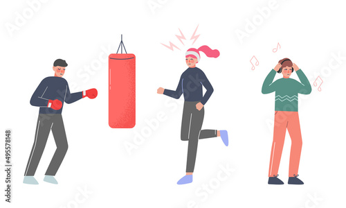 Stressed people running, listening to music, hitting punching bag. Self healing therapy, stress relieving cartoon vector illustration i