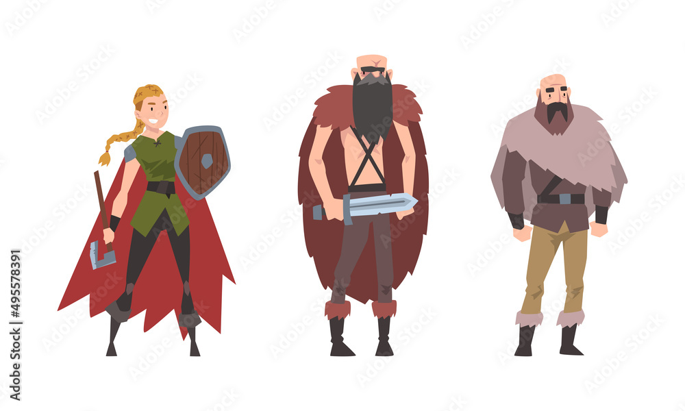 Brave male and female Scandinavian viking warriors in traditional clothes with weapon cartoon vector illustration