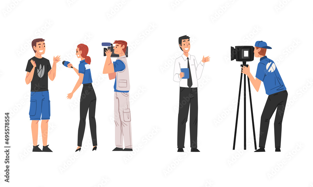 Obraz premium Journalists taking interview and making news cartoon vector illustration