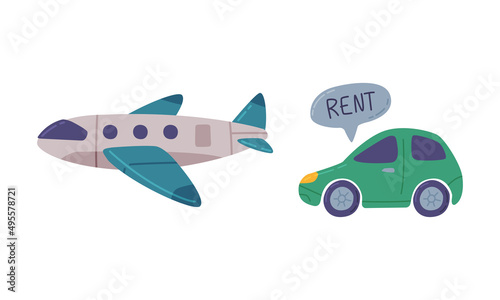 Passenger airplane and car cartoon vector illustration on white background.