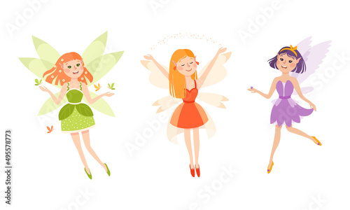 Set of happy little girls fairies in colorful dress with wings vector illustration