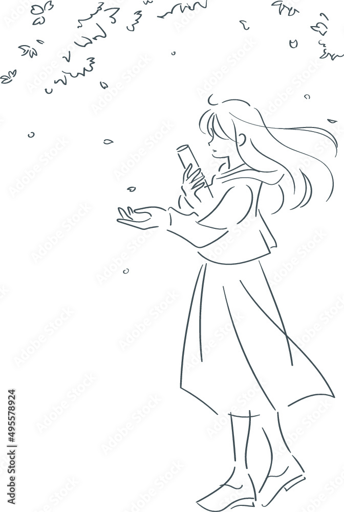 Obraz premium 風に舞う桜の花びらを手に取ろうとしている立ち姿の女性B