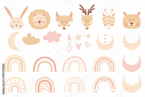 Children's hand drawn set of rainbows, animals, stars, moon, hearts. Cute set of clip-arts in children's boho style. Collection in pastel colors. Vector illustration.