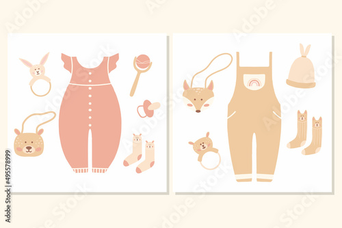 Boho outfit. Cute little girl wardrobe. Vector illustration. Accessories for newborns. Boho baby clothes, abstract boho style clothes, cute minimal kids clothes, clothes clipart. Posters with clothes.