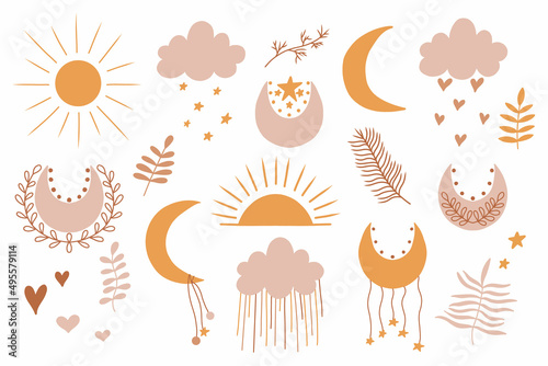 Hand drawn vector boho clipart for nursery decoration with cute moon, sun, cloud, dreamcatcher. Modern doodle illustration. Perfect for baby shower, birthday party, kids party