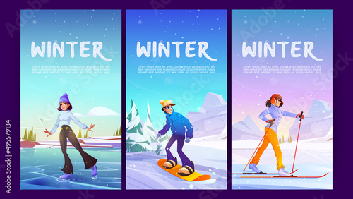 Winter sport cartoon posters with people enjoying skiing, skating and snowboarding extreme outdoors activities. Young man and woman in warm costume relaxing and fun on resort, Vector illustration