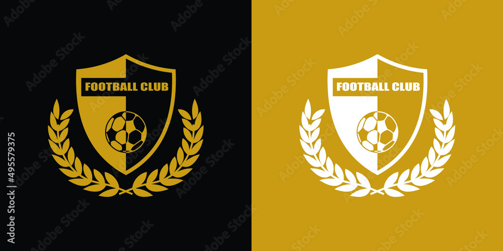 golden wreath and sheild football or soccer illustration, sport symbols, isolated on black and gold