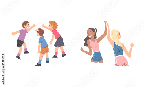 Happy children giving high five set. Friends clapping their hands in informal greeting gesture cartoon vector illustration