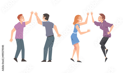 People giving high five set. Friend or colleague greeting gesture cartoon vector illustration