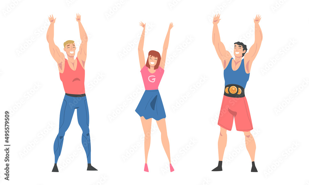 Happy people raising hands celebrating win or goal achievement set cartoon vector illustration