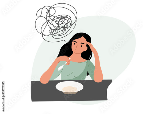 Young woman without appetite before eating. Sadly sits and worries. Symptoms of depression reduce appetite and reduce weight. Vector illustration. photo