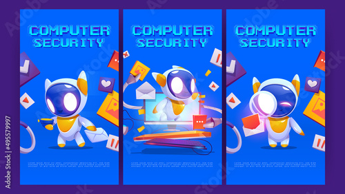 Computer security cartoon posters, cute bot on computer monitor screen protect data and media files. Hacker cyber attack protection, internet network secure digital technology, Vector promo flyers