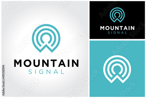 Signal Frequency Wi Fi Connection Internet Network with Mountain Top Peak logo design