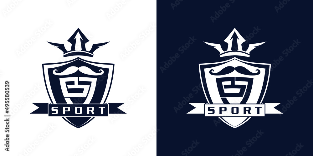 Strong soccer vector logo design. Moustache, crown, badge and soccer ball vector icon design.